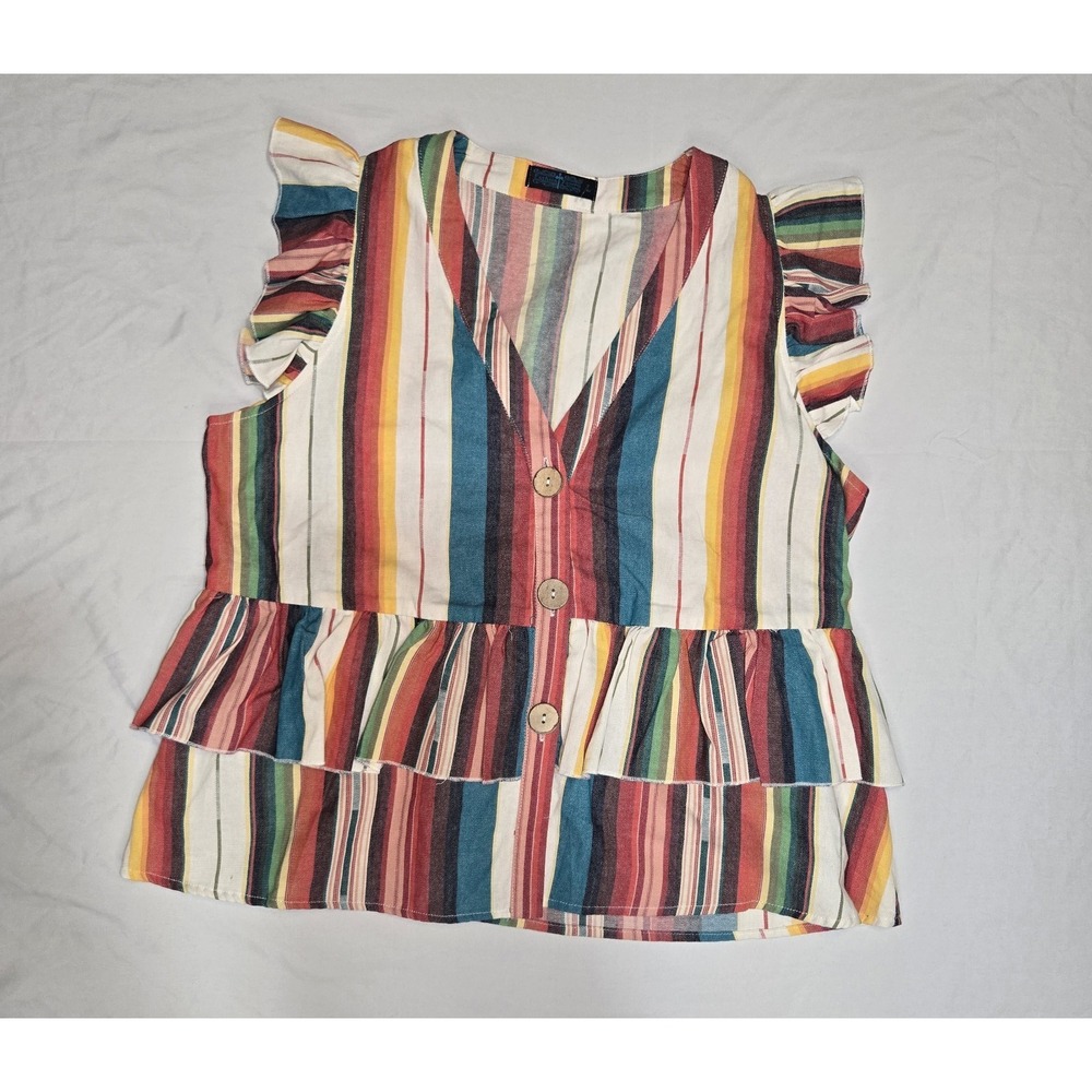 Fashion Express Tiered Ruffle V-Neck Shirt Rainbow Striped Large 100% Cotton‎